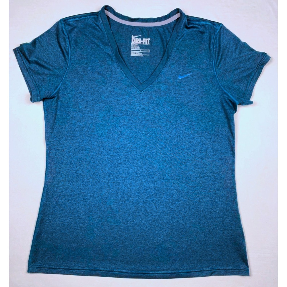 Nike Dri Fit V Neck T Shirt Womens L Blue Athletic Running Workout Top